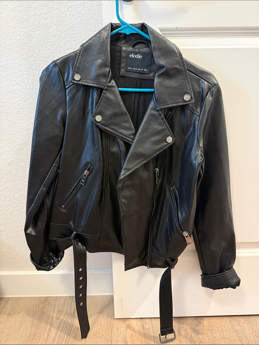 Elodie Black Faux Leather Moto Jacket with Belted Waist